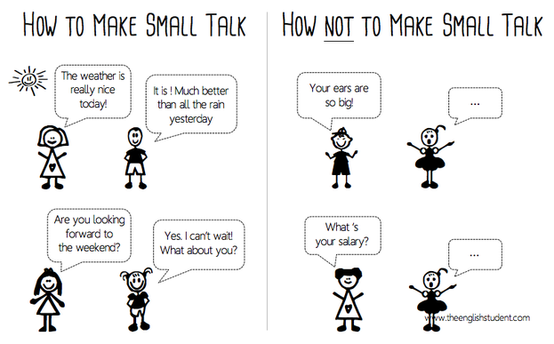 small talk, what is small talk, Small talk ESL, American culture, English conversation, How to make small talk, how not to make small talk, talking to people you don't know, business english, ESL conversation, small talk topics